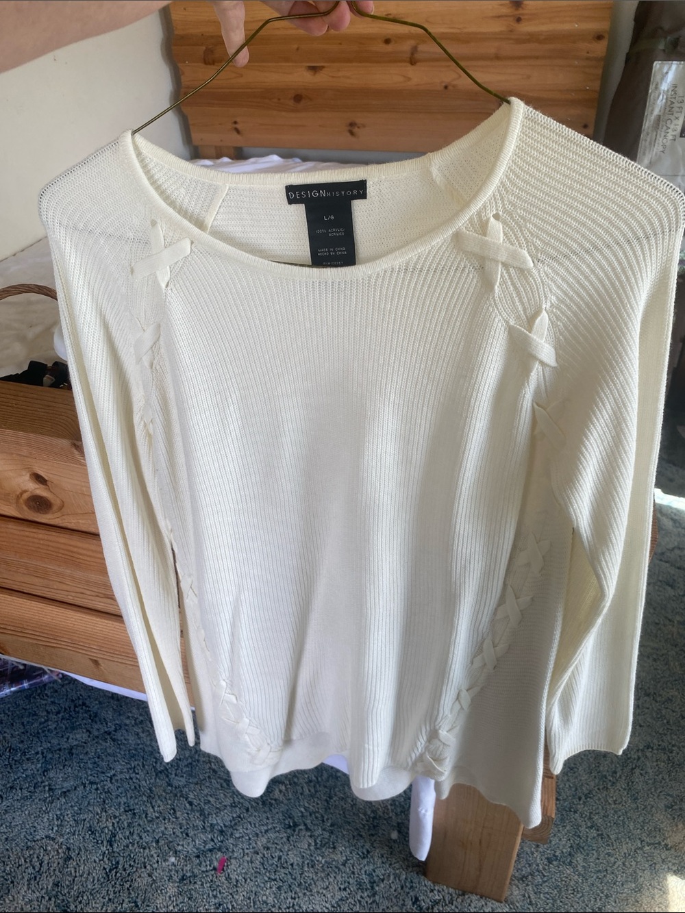 Design History Cream Ribbed Long-Sleeve Top with Side Lace-Up Trim